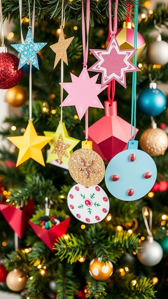 DIY Paper Christmas Ornaments Colorful paper Christmas ornaments in various shapes hanging on a decorated tree.